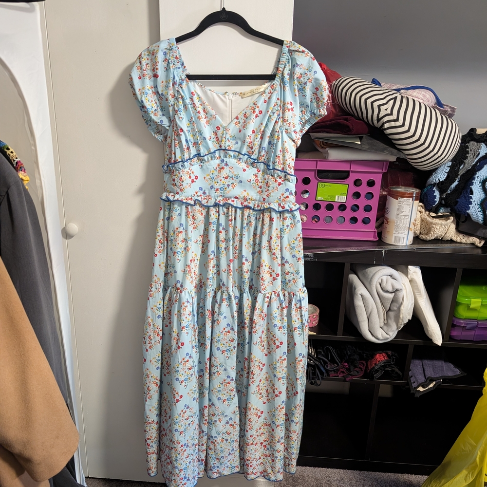 eShakti Light Blue Floral Midi Dress